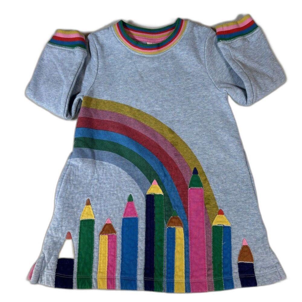 Mini Boden Blue Sweatshirt Applique Rainbow Pockets Dress Girls Size 2-3Y 98cm